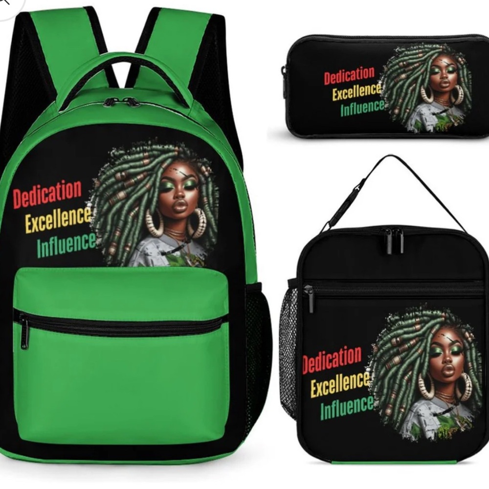 DEI Green and Black Backpack Set Lunch Bag and Pencil Case International Design